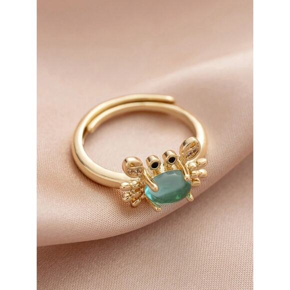 Gold Crab Ring with Blue Oval Gemstone–Adjustable Animal Design Crystal Accents - Picture 6 of 8